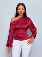 Amazon Cross-Border European and American New Women's Satin Shirt Spring and Summer Asymmetrical Long-Sleeved Slope Collar Shirt Top