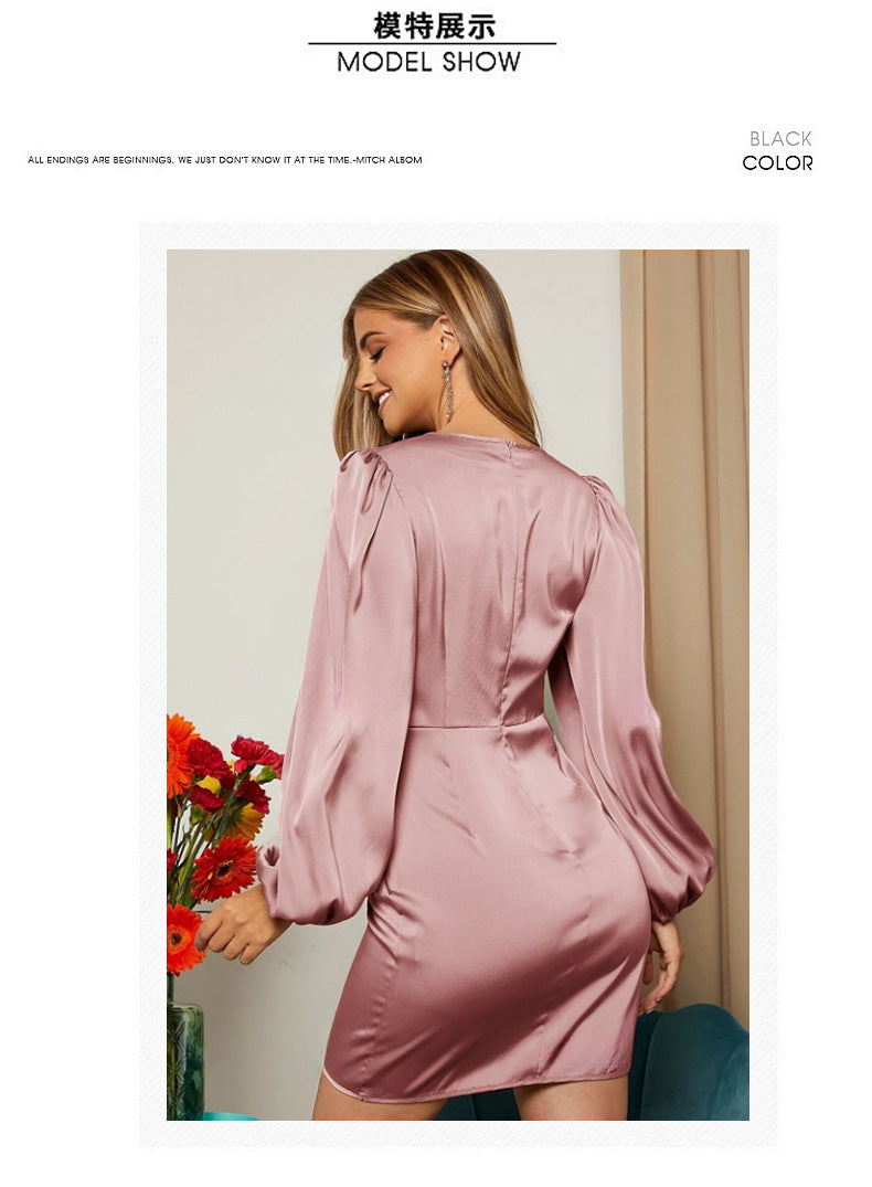Cross V Neck Dress Satin Long-Sleeved Dress Amazon Cross-Border Lady Style Slim Fit Women's Clothing