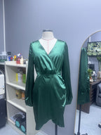 Cross V Neck Dress Satin Long-Sleeved Dress Amazon Cross-Border Lady Style Slim Fit Women's Clothing
