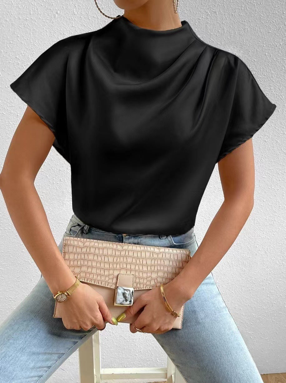 2026 Cross-Border Hot-Selling New Product Round Neck Short-Sleeve Left Shoulder Ruched T-Shirt Satin Women's Top Wholesale in Stock