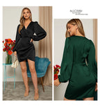 Cross V Neck Dress Satin Long-Sleeved Dress Amazon Cross-Border Lady Style Slim Fit Women's Clothing