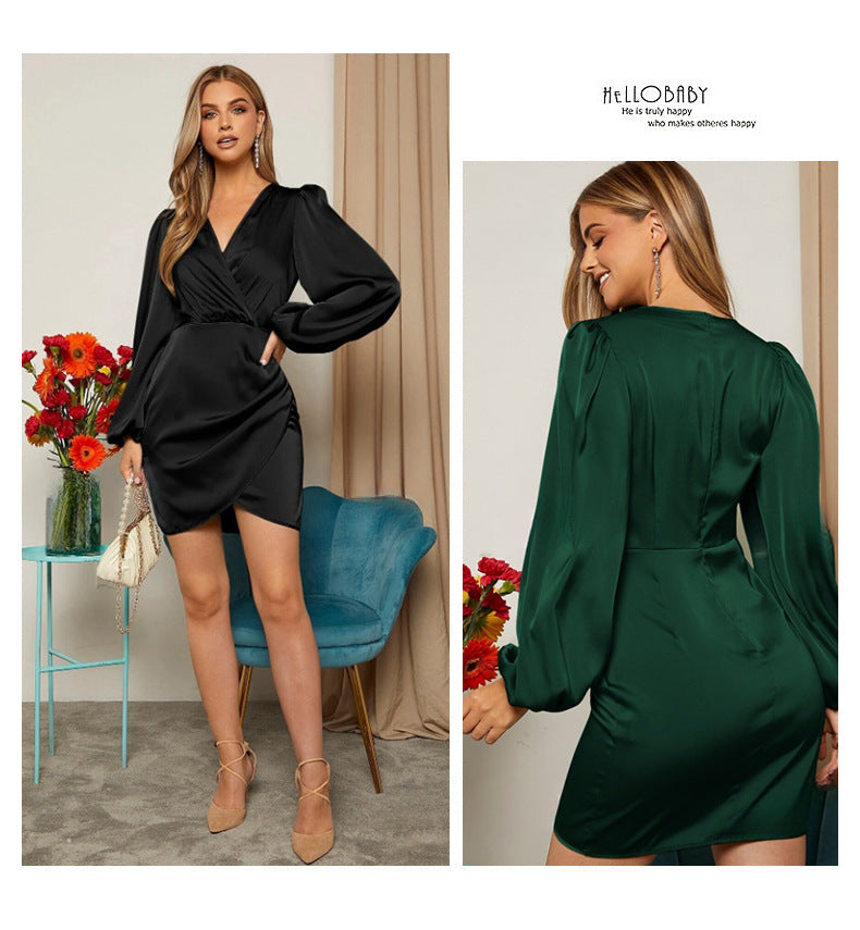 Cross V Neck Dress Satin Long-Sleeved Dress Amazon Cross-Border Lady Style Slim Fit Women's Clothing