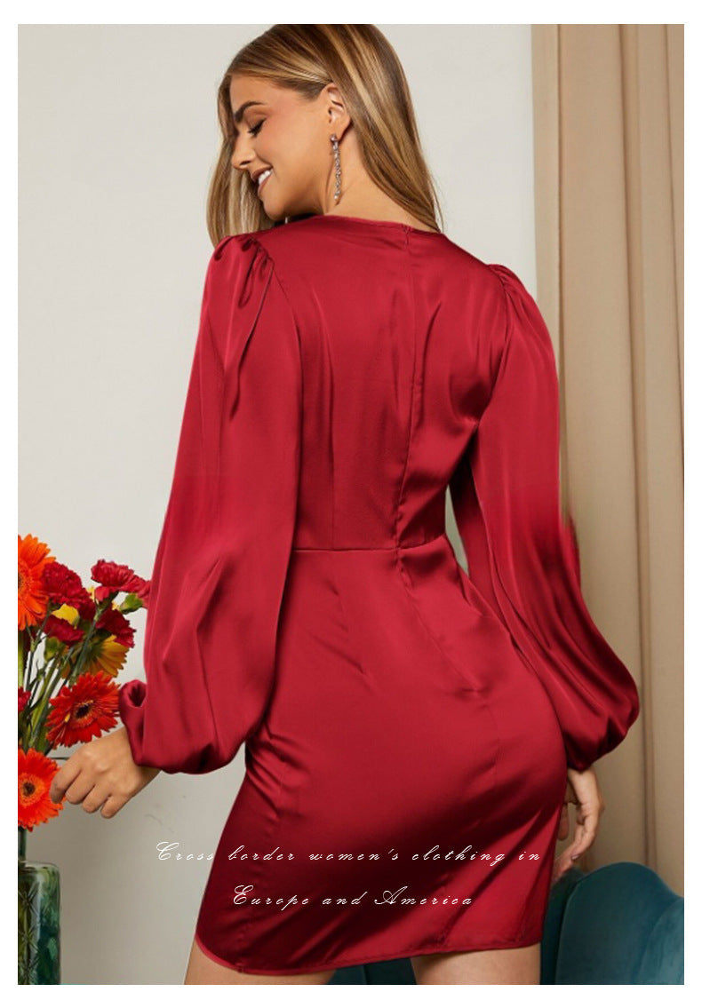 Cross V Neck Dress Satin Long-Sleeved Dress Amazon Cross-Border Lady Style Slim Fit Women's Clothing