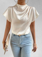 2026 Cross-Border Hot-Selling New Product Round Neck Short-Sleeve Left Shoulder Ruched T-Shirt Satin Women's Top Wholesale in Stock
