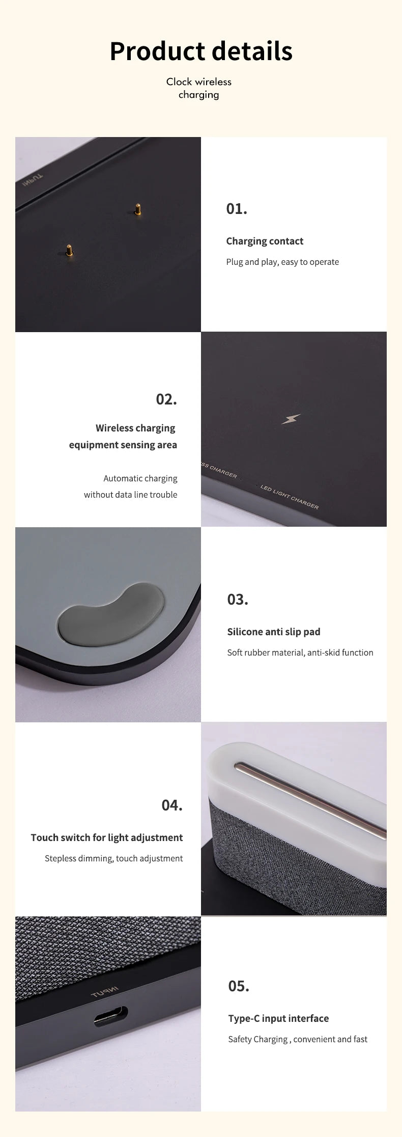 COLSUR LED Adjustable Night Light 15W Wireless Charge with Digital Alarm Clock Touch Bedside Lamp  Brightness Bedroom