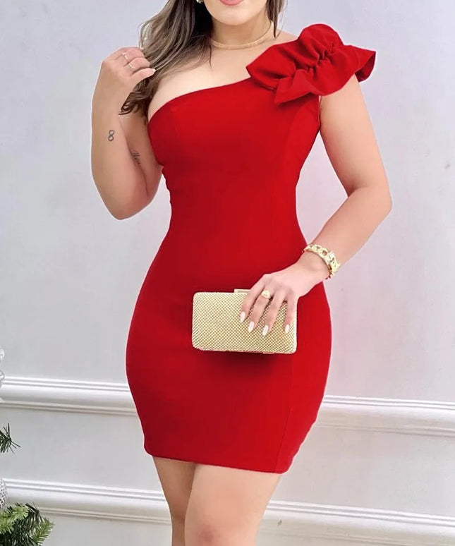 Summer Fashion Red Appliques Women Mini Party Dress Bodycon Elegant Ruffle Sexy One Shoulder Birthday Evening Club Outfits