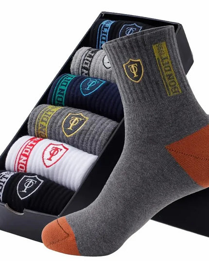 6pairs Men's Cotton Sweat Absorbing Embroidered Crest Athletic Socks, Ankle Socks