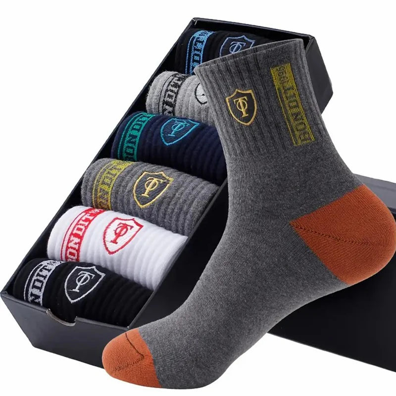 6pairs Men's Cotton Sweat Absorbing Embroidered Crest Athletic Socks, Ankle Socks