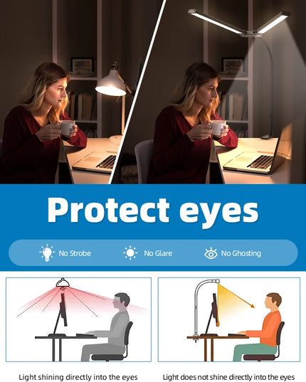 Desk Lamps Double Head LED Stepless Dimmable Led USB Table Lamp for Office Study Reading Lighting Fixture Computer Monitor Light