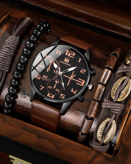 5PCS Set Fashion Mens Sports Bracelet Watches For Men Retro Big Dial Quartz Wrist Watch Classic Male Casual Brown Leather Watch