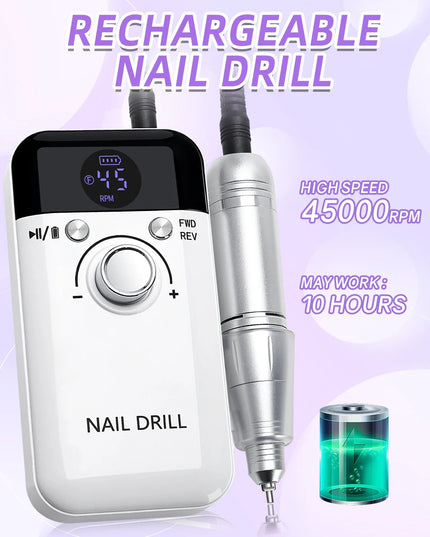 Professional Nail Drill Machine Set 45000RPM Rechargeable Portable Electric Nail File for Manicure Acrylic Gel Nails Salon Tools