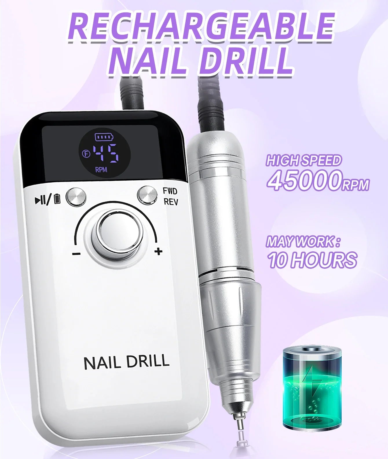 Professional Nail Drill Machine Set 45000RPM Rechargeable Portable Electric Nail File for Manicure Acrylic Gel Nails Salon Tools