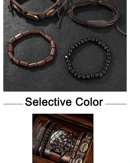 5PCS Set Fashion Mens Sports Bracelet Watches For Men Retro Big Dial Quartz Wrist Watch Classic Male Casual Brown Leather Watch