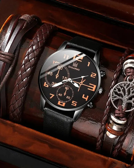 5PCS Set Fashion Mens Sports Bracelet Watches For Men Retro Big Dial Quartz Wrist Watch Classic Male Casual Brown Leather Watch