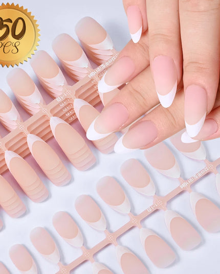 150Pcs Medium Almond French False Nails Matte Nude/Pink Soft Gel White French Press On Nails 0.75-2.6cm ABS Artificial Nail Tips