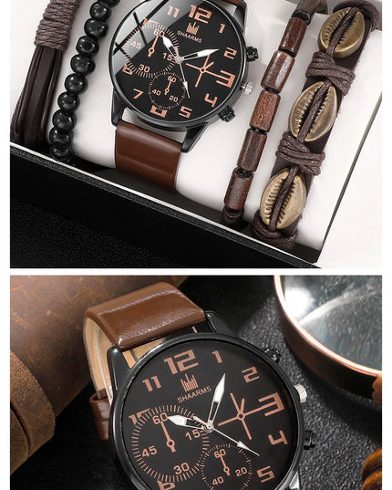 5PCS Set Fashion Mens Sports Bracelet Watches For Men Retro Big Dial Quartz Wrist Watch Classic Male Casual Brown Leather Watch