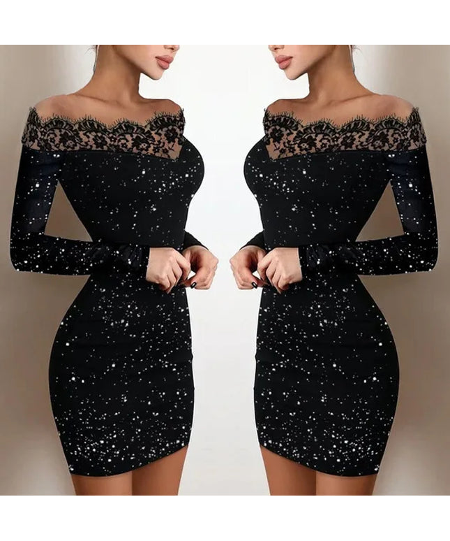 2024 New Spring Women's Fashion, Elegance, Leisure, Sexy Long sleeved Lace Edge, One Shoulder Silver Powder Sprinkled Dress
