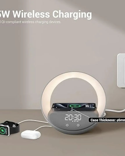 Colsur 15W Wireless Charger Bluetooth Speaker Alarm Clock, Sunrise Simulation Adjustable LED Night Light Alarm Clock Function