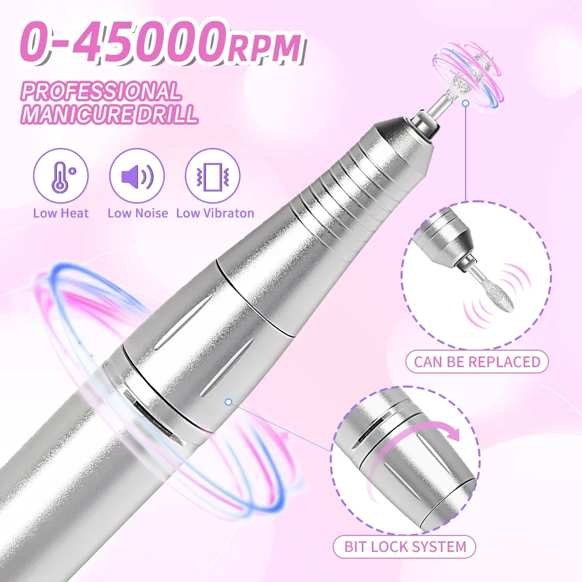 Professional Nail Drill Machine Set 45000RPM Rechargeable Portable Electric Nail File for Manicure Acrylic Gel Nails Salon Tools