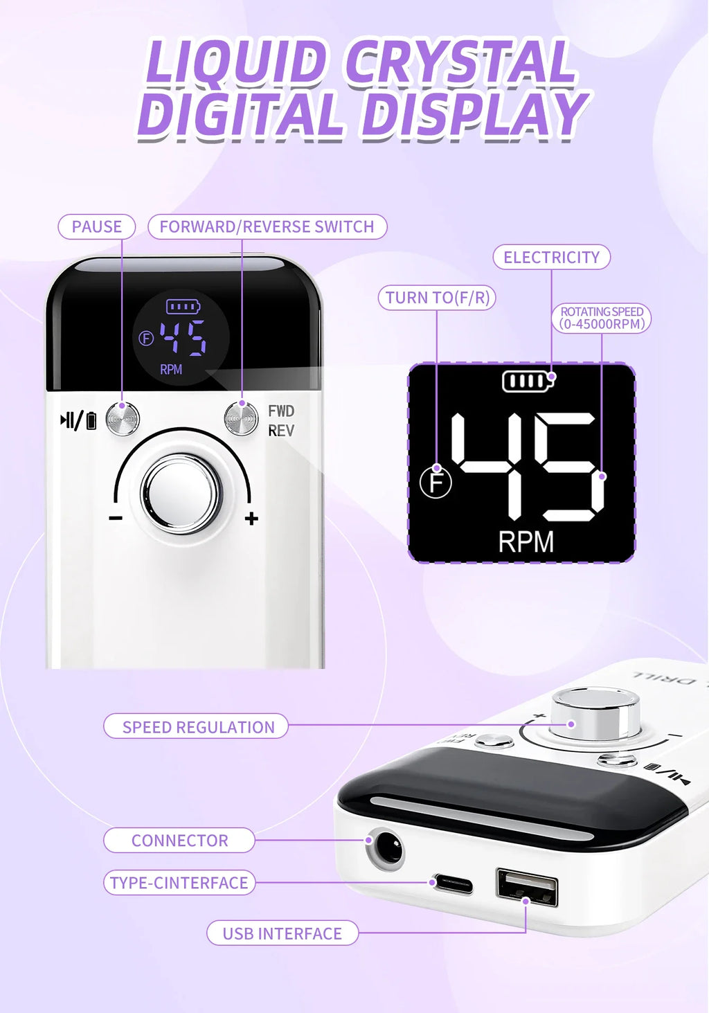 Professional Nail Drill Machine Set 45000RPM Rechargeable Portable Electric Nail File for Manicure Acrylic Gel Nails Salon Tools