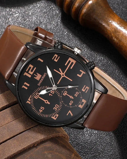 5PCS Set Fashion Mens Sports Bracelet Watches For Men Retro Big Dial Quartz Wrist Watch Classic Male Casual Brown Leather Watch