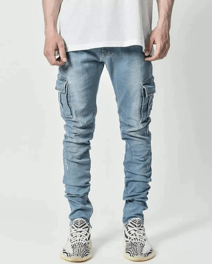 new Jeans Men Pants Wash Solid Color Multi Pockets Denim Mid Waist Cargo Jeans Plus Size Fahsion Casual Trousers Male Daily Wear