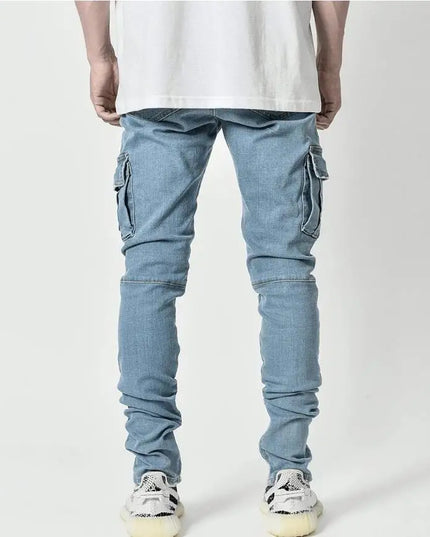 new Jeans Men Pants Wash Solid Color Multi Pockets Denim Mid Waist Cargo Jeans Plus Size Fahsion Casual Trousers Male Daily Wear