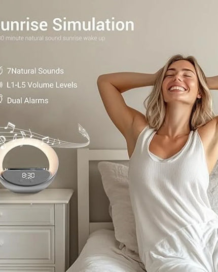 Colsur 15W Wireless Charger Bluetooth Speaker Alarm Clock, Sunrise Simulation Adjustable LED Night Light Alarm Clock Function