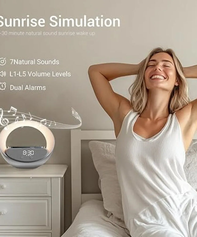 Colsur 15W Wireless Charger Bluetooth Speaker Alarm Clock, Sunrise Simulation Adjustable LED Night Light Alarm Clock Function