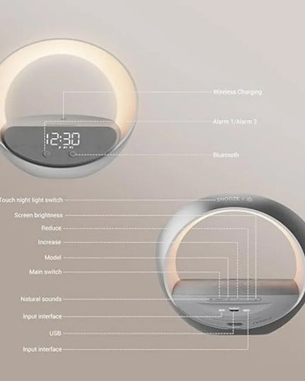 Colsur 15W Wireless Charger Bluetooth Speaker Alarm Clock, Sunrise Simulation Adjustable LED Night Light Alarm Clock Function