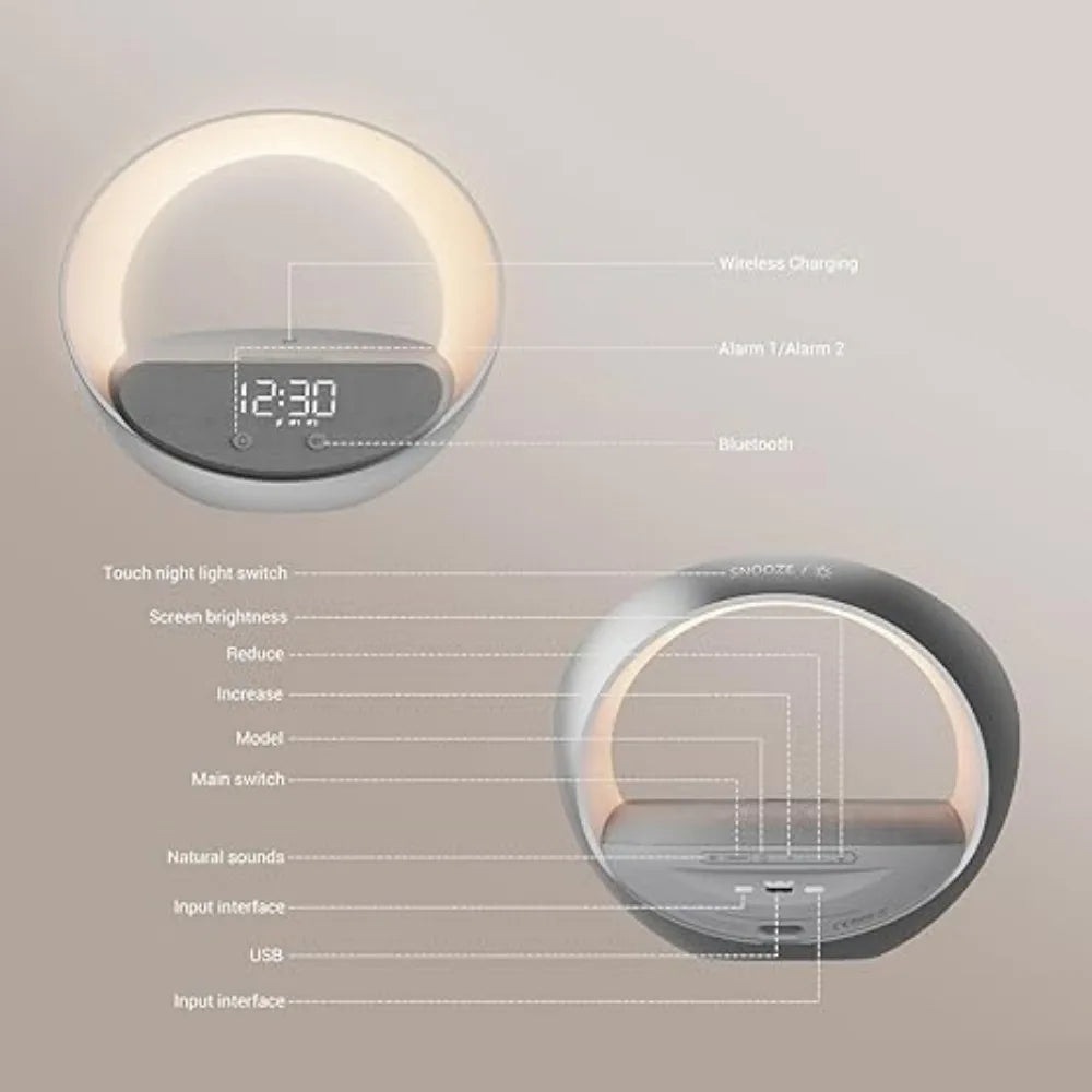 Colsur 15W Wireless Charger Bluetooth Speaker Alarm Clock, Sunrise Simulation Adjustable LED Night Light Alarm Clock Function