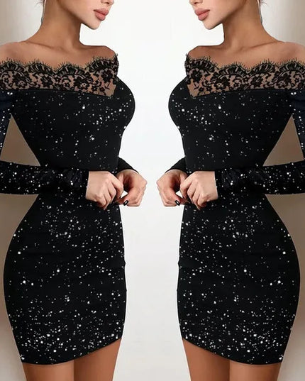 2024 New Spring Women's Fashion, Elegance, Leisure, Sexy Long sleeved Lace Edge, One Shoulder Silver Powder Sprinkled Dress