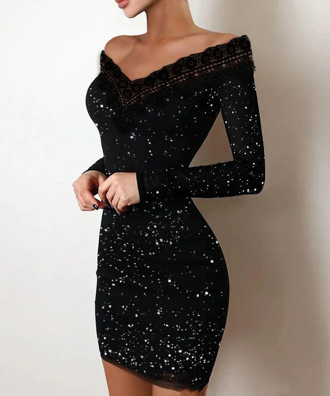 2024 New Spring Women's Fashion, Elegance, Leisure, Sexy Long sleeved Lace Edge, One Shoulder Silver Powder Sprinkled Dress