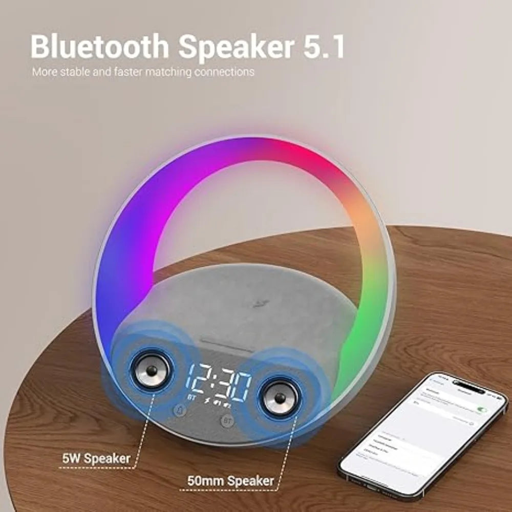 Colsur 15W Wireless Charger Bluetooth Speaker Alarm Clock, Sunrise Simulation Adjustable LED Night Light Alarm Clock Function