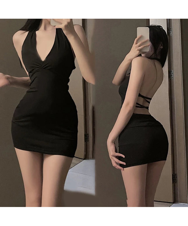 1Pc Erotic Dress Sexy Women Uniform V Neck Slim Backless Seductive One-piece Dress Nightclub Party Mini Dresses