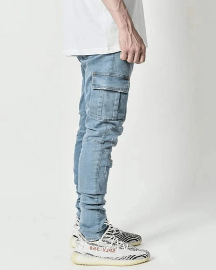 new Jeans Men Pants Wash Solid Color Multi Pockets Denim Mid Waist Cargo Jeans Plus Size Fahsion Casual Trousers Male Daily Wear