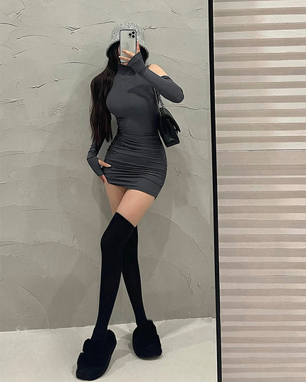 Summer Sexy High Neck Tight Dress Oversleeve Pleated Bottom Wrapped Hip Dress Women Bodycon