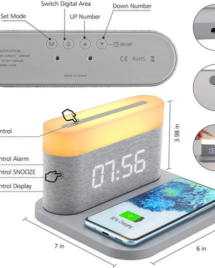 COLSUR LED Adjustable Night Light 15W Wireless Charge with Digital Alarm Clock Touch Bedside Lamp  Brightness Bedroom