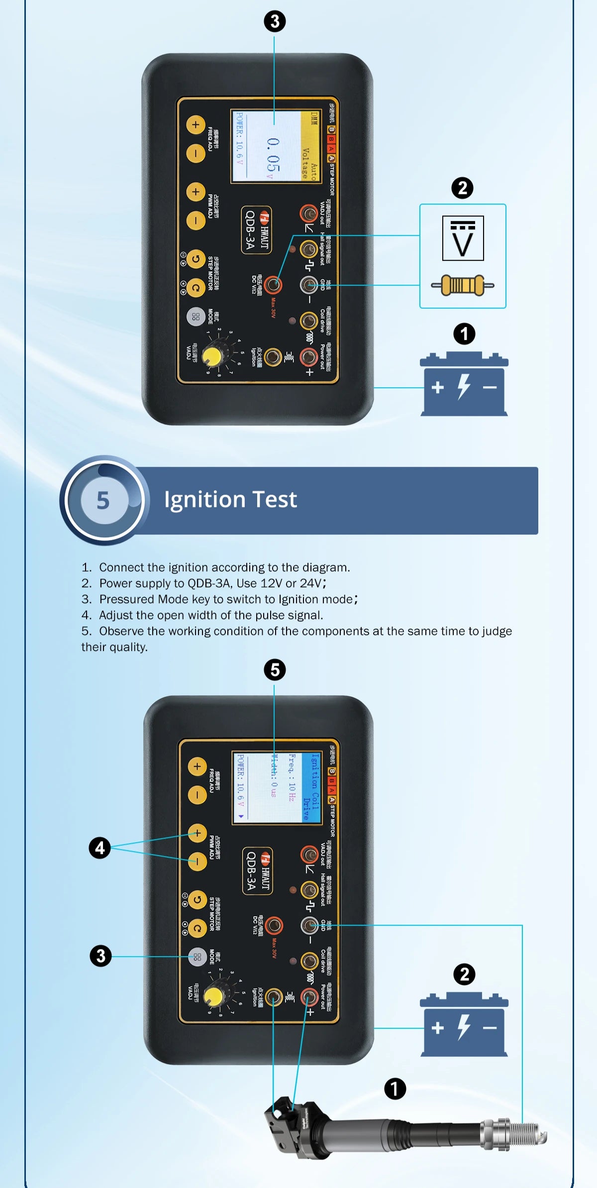 QDB3A Auto Ignition Coil Tester Car IAC Idle Stepper Motor Solenoid Valve Injector Actuator Fault Detector Driver PWM Generator