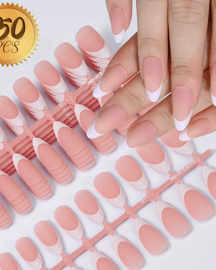 150Pcs Medium Almond French False Nails Matte Nude/Pink Soft Gel White French Press On Nails 0.75-2.6cm ABS Artificial Nail Tips