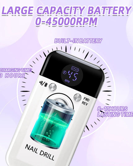 Professional Nail Drill Machine Set 45000RPM Rechargeable Portable Electric Nail File for Manicure Acrylic Gel Nails Salon Tools