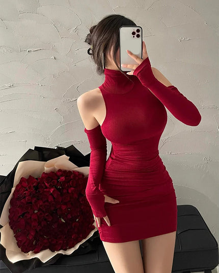 Summer Sexy High Neck Tight Dress Oversleeve Pleated Bottom Wrapped Hip Dress Women Bodycon