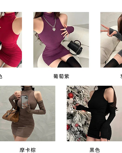 Summer Sexy High Neck Tight Dress Oversleeve Pleated Bottom Wrapped Hip Dress Women Bodycon