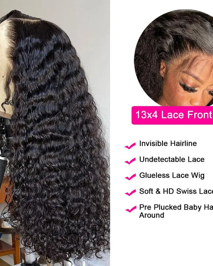 180% Deep Wave Frontal Wig 13x6 HD Lace Frontal Wigs For Women Water Wave Curly Lace Front Human Hair Wig 13x4 High Density 1B