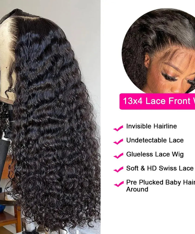 180% Deep Wave Frontal Wig 13x6 HD Lace Frontal Wigs For Women Water Wave Curly Lace Front Human Hair Wig 13x4 High Density 1B