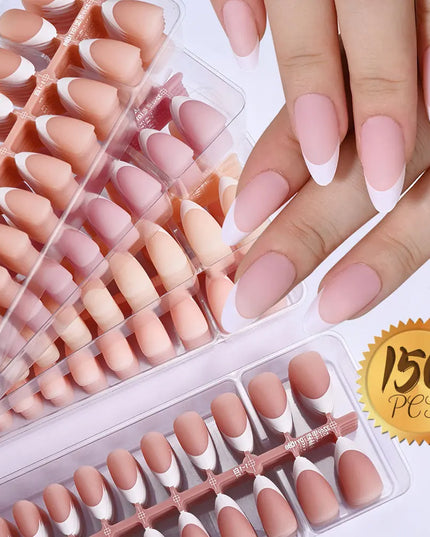 150Pcs Medium Almond French False Nails Matte Nude/Pink Soft Gel White French Press On Nails 0.75-2.6cm ABS Artificial Nail Tips