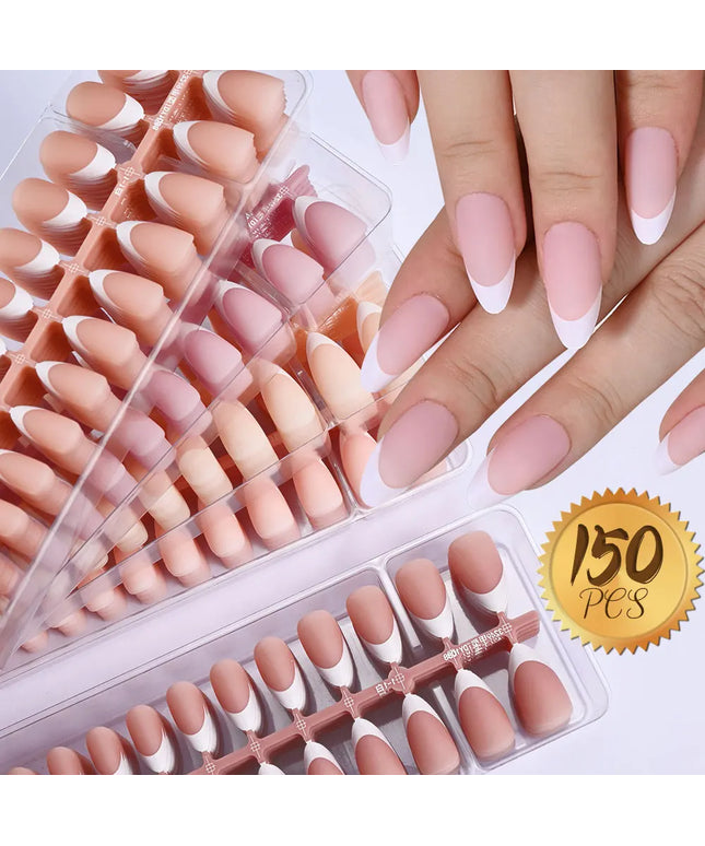 150Pcs Medium Almond French False Nails Matte Nude/Pink Soft Gel White French Press On Nails 0.75-2.6cm ABS Artificial Nail Tips