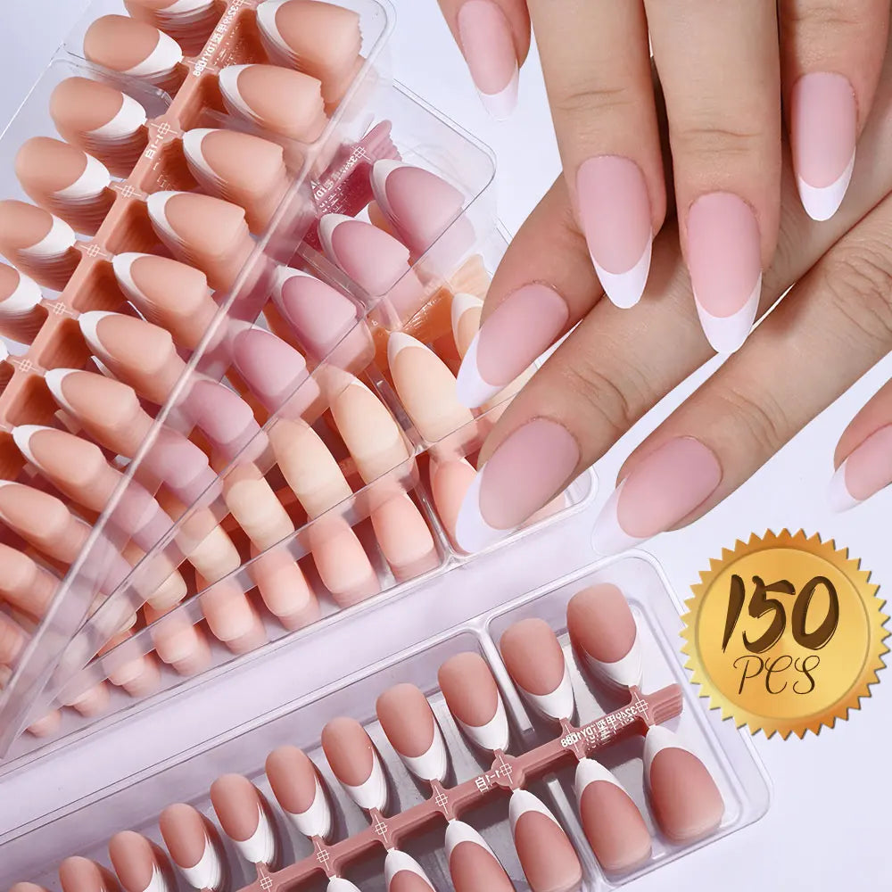 150Pcs Medium Almond French False Nails Matte Nude/Pink Soft Gel White French Press On Nails 0.75-2.6cm ABS Artificial Nail Tips