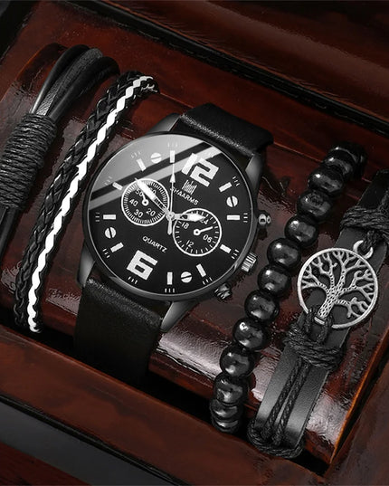 5PCS Set Fashion Mens Sports Bracelet Watches For Men Retro Big Dial Quartz Wrist Watch Classic Male Casual Brown Leather Watch