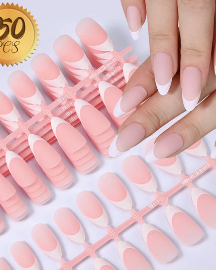 150Pcs Medium Almond French False Nails Matte Nude/Pink Soft Gel White French Press On Nails 0.75-2.6cm ABS Artificial Nail Tips